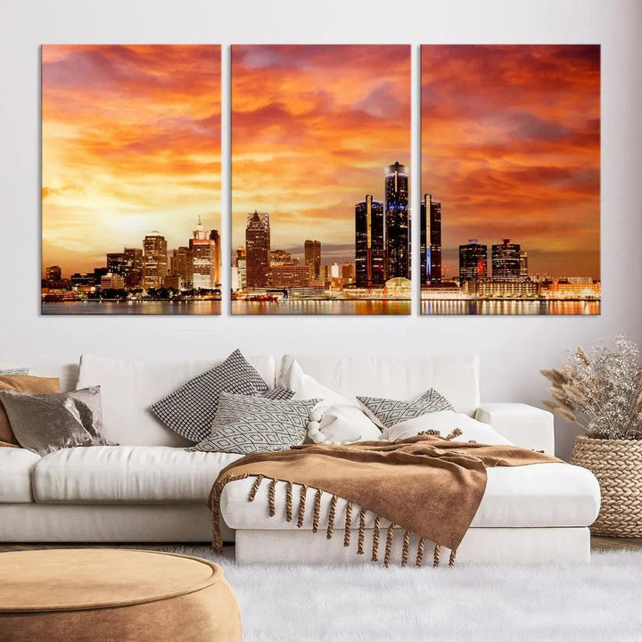 Orange Sunset Detroit Downtown Skyline Image Print Canvas Wall Art