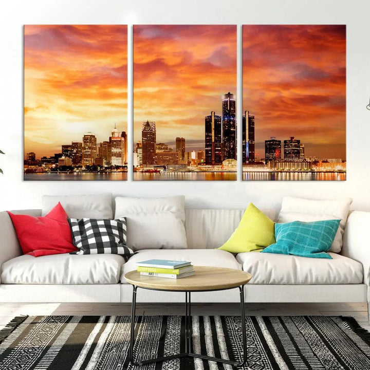 Orange Sunset Detroit Downtown Skyline Image Print Canvas Wall Art