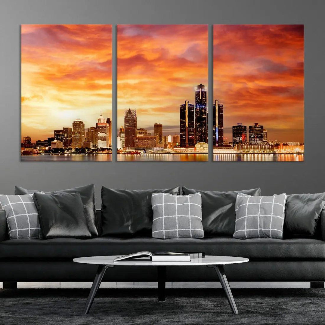 Orange Sunset Detroit Downtown Skyline Image Print Canvas Wall Art