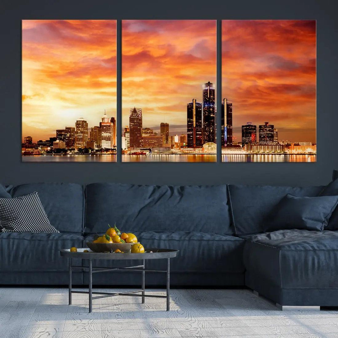 Orange Sunset Detroit Downtown Skyline Image Print Canvas Wall Art