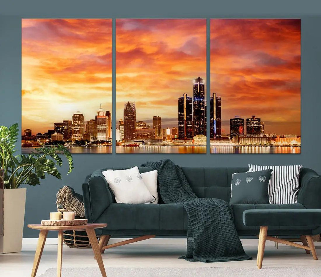 Orange Sunset Detroit Downtown Skyline Image Print Canvas Wall Art