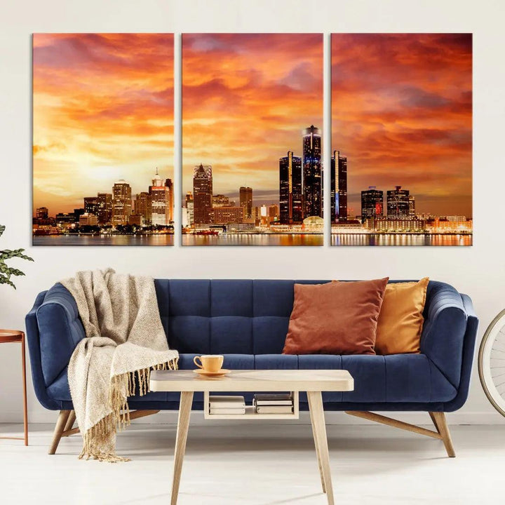 Orange Sunset Detroit Downtown Skyline Image Print Canvas Wall Art