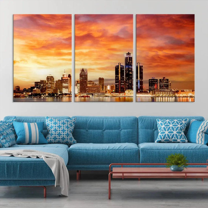 Orange Sunset Detroit Downtown Skyline Image Print Canvas Wall Art