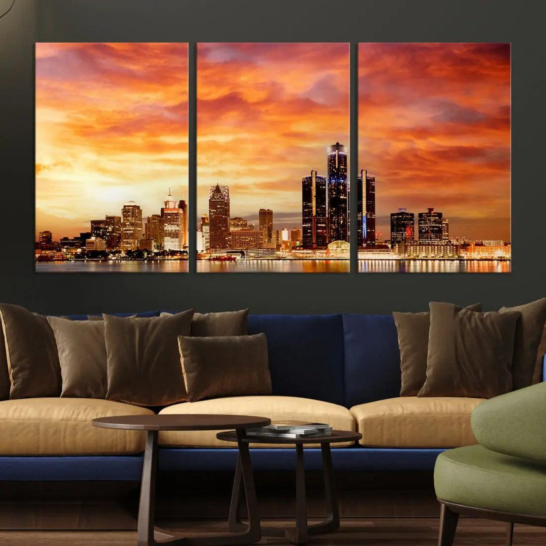 Orange Sunset Detroit Downtown Skyline Image Print Canvas Wall Art