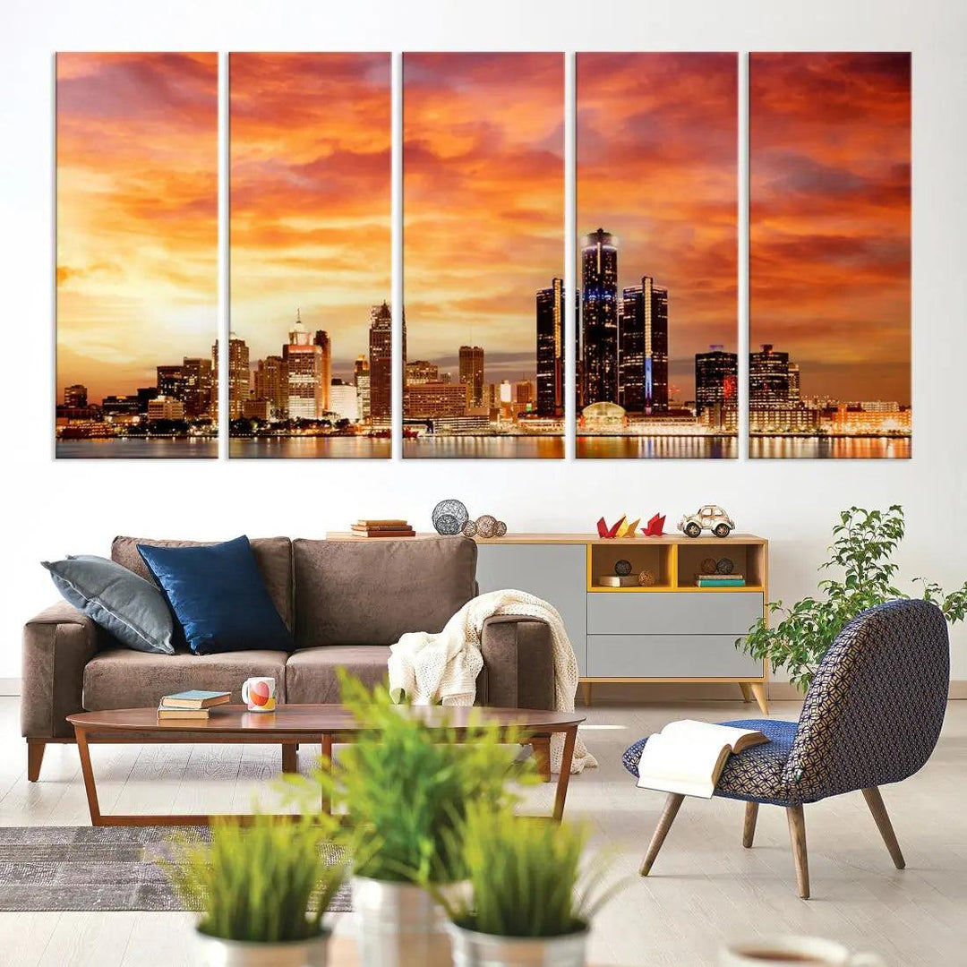 Orange Sunset Detroit Downtown Skyline Image Print Canvas Wall Art