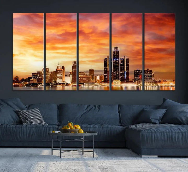 Orange Sunset Detroit Downtown Skyline Image Print Canvas Wall Art