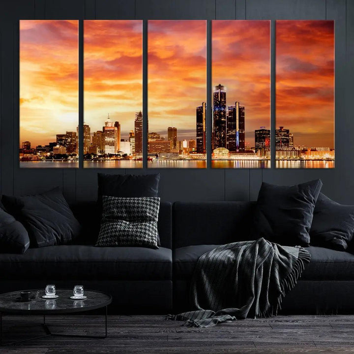 Orange Sunset Detroit Downtown Skyline Image Print Canvas Wall Art