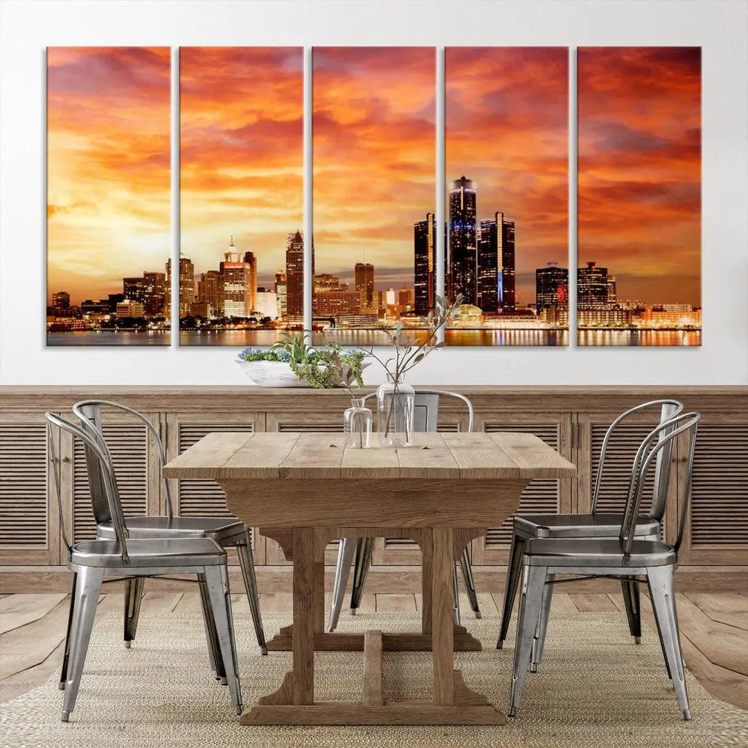 Orange Sunset Detroit Downtown Skyline Image Print Canvas Wall Art