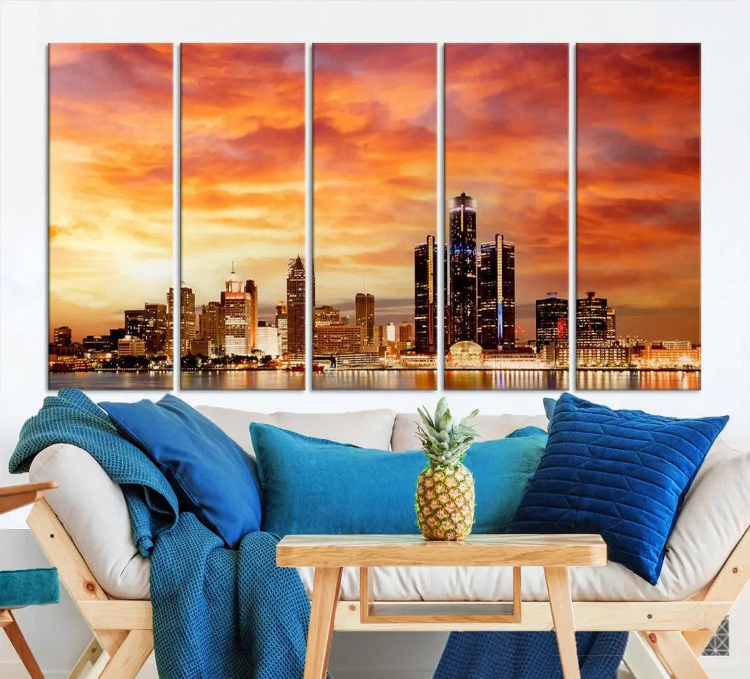 Orange Sunset Detroit Downtown Skyline Image Print Canvas Wall Art