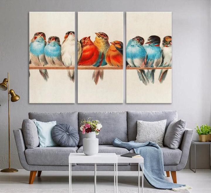 Pearch of Pretty Birds Painting Large Wall Art Canvas Print