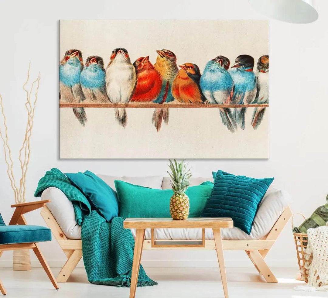 Pearch of Pretty Birds Painting Large Wall Art Canvas Print