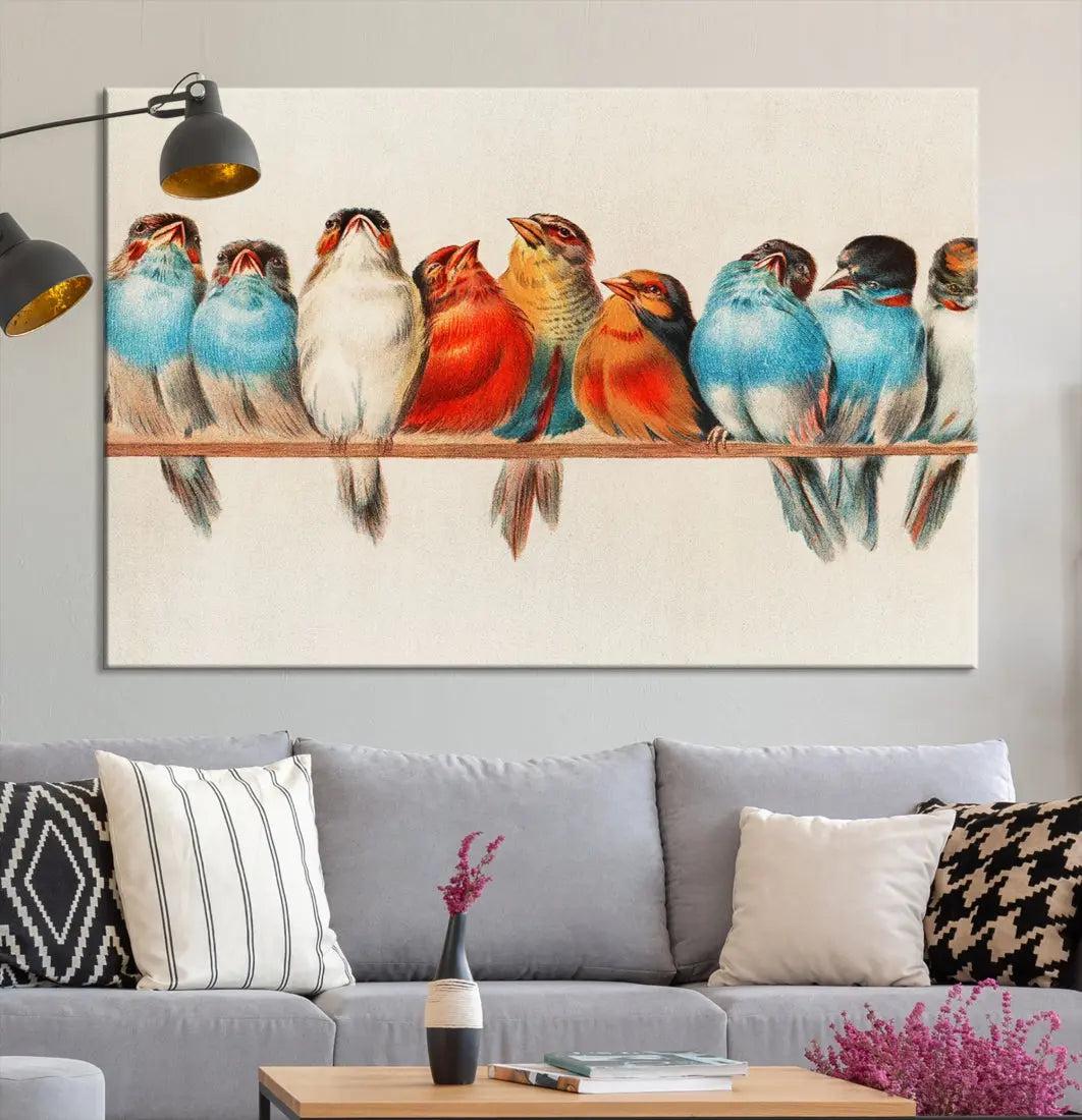 Pearch of Pretty Birds Painting Large Wall Art Canvas Print