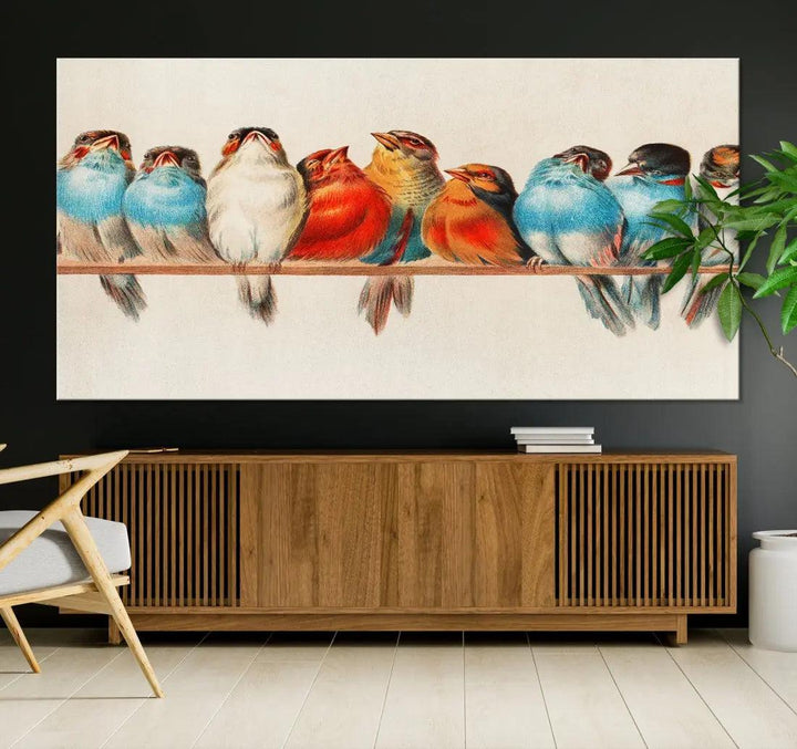 Pearch of Pretty Birds Painting Large Wall Art Canvas Print