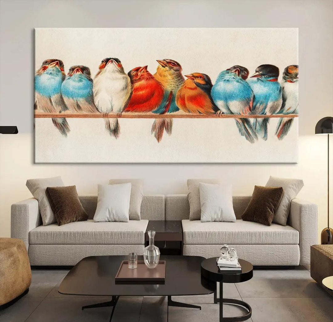 Pearch of Pretty Birds Painting Large Wall Art Canvas Print