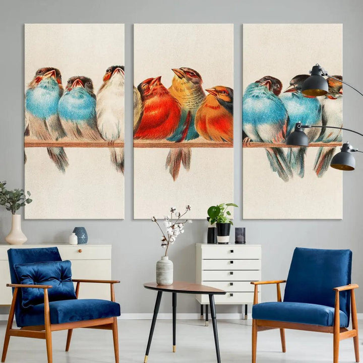 Pearch of Pretty Birds Painting Large Wall Art Canvas Print