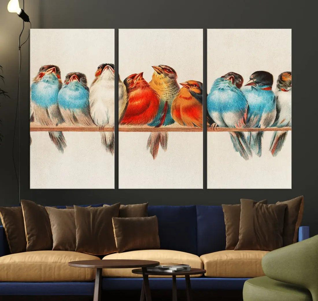 Pearch of Pretty Birds Painting Large Wall Art Canvas Print