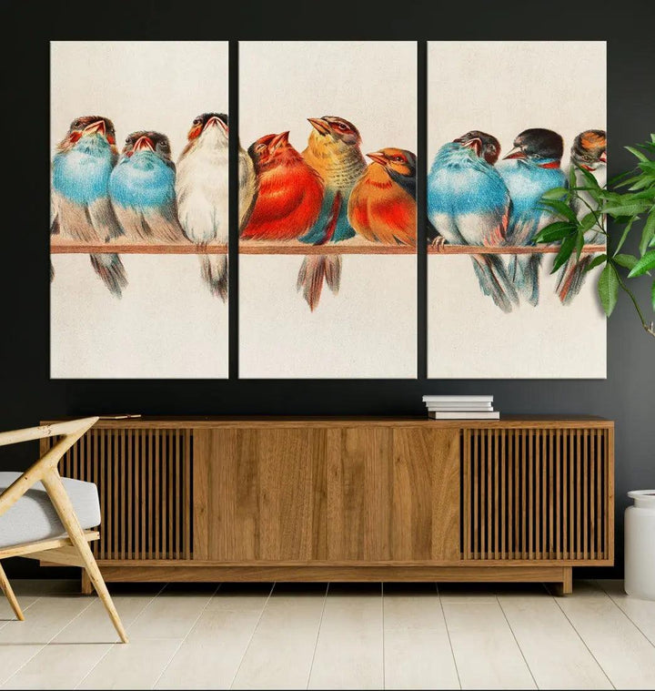 Pearch of Pretty Birds Painting Large Wall Art Canvas Print