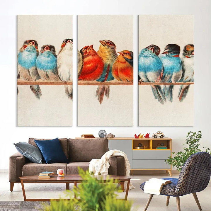 Pearch of Pretty Birds Painting Large Wall Art Canvas Print