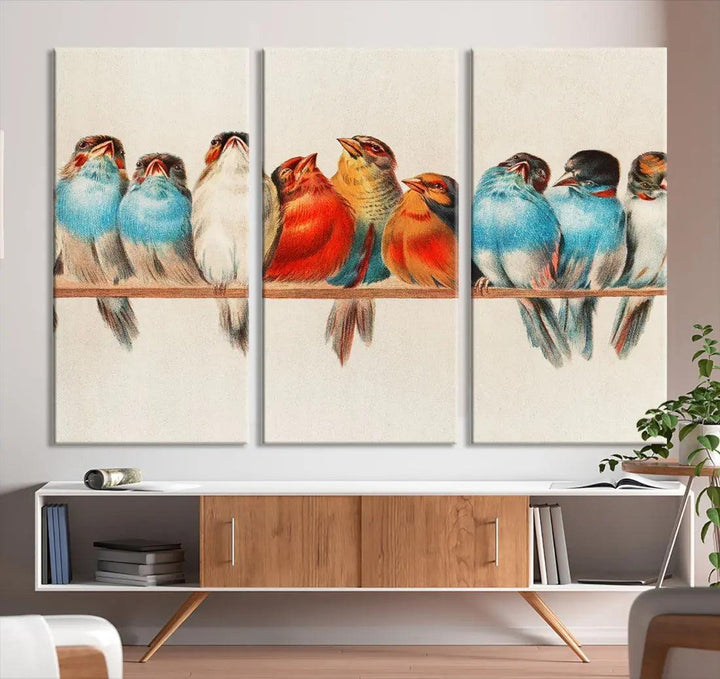 Pearch of Pretty Birds Painting Large Wall Art Canvas Print