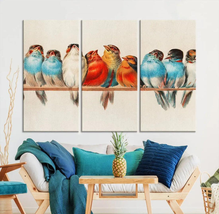 Pearch of Pretty Birds Painting Large Wall Art Canvas Print