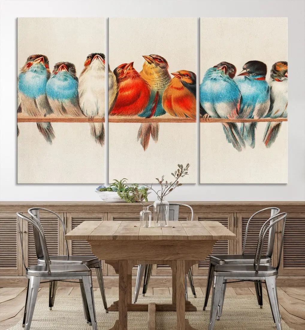 Pearch of Pretty Birds Painting Large Wall Art Canvas Print