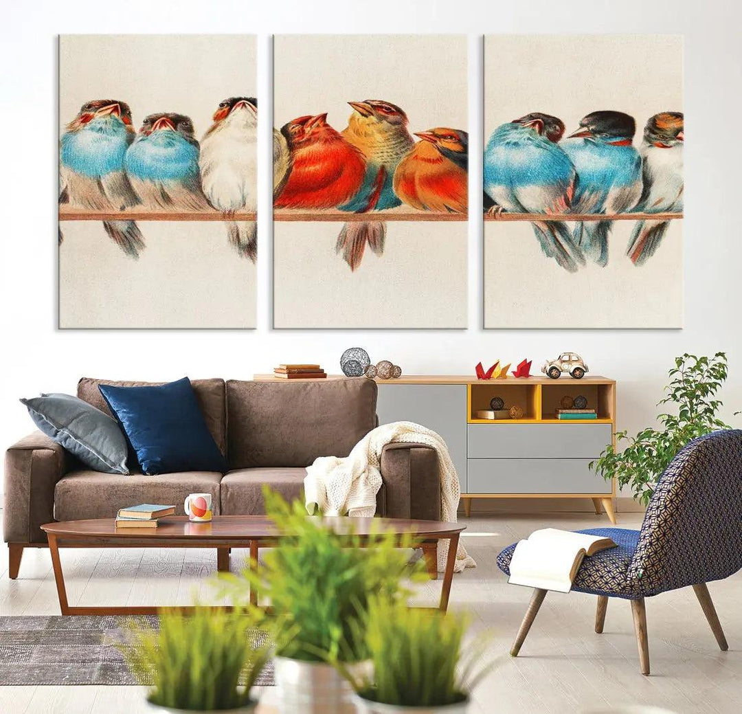 Pearch of Pretty Birds Painting Large Wall Art Canvas Print