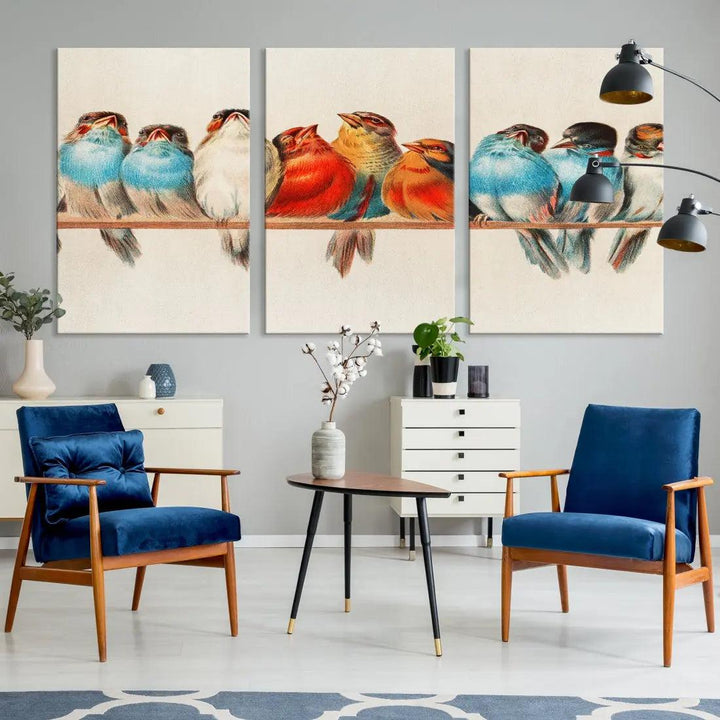 Pearch of Pretty Birds Painting Large Wall Art Canvas Print