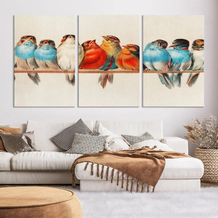 Pearch of Pretty Birds Painting Large Wall Art Canvas Print