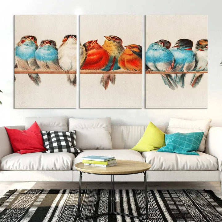 Pearch of Pretty Birds Painting Large Wall Art Canvas Print