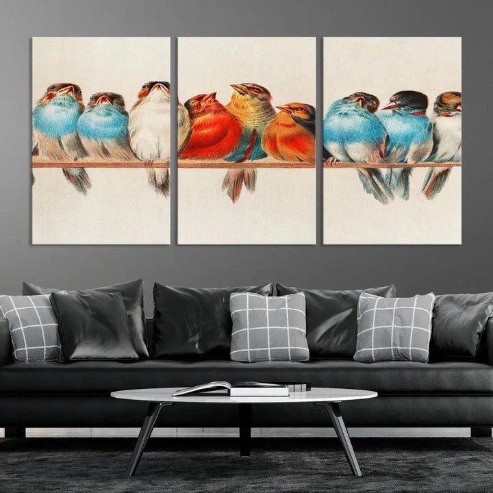 Pearch of Pretty Birds Painting Large Wall Art Canvas Print