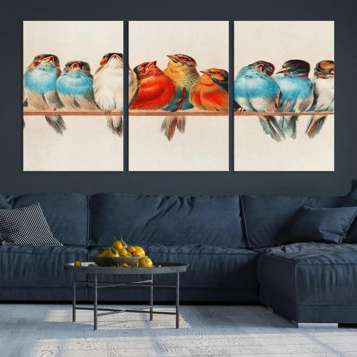 Pearch of Pretty Birds Painting Large Wall Art Canvas Print