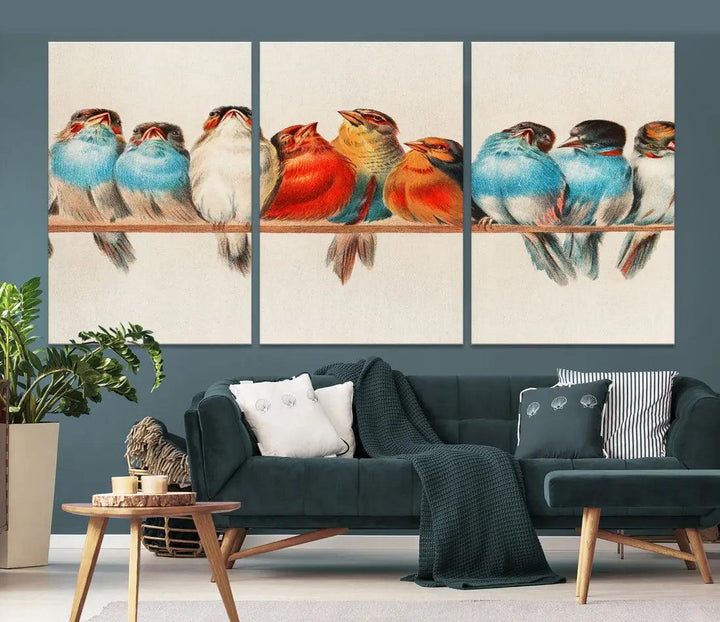 Pearch of Pretty Birds Painting Large Wall Art Canvas Print