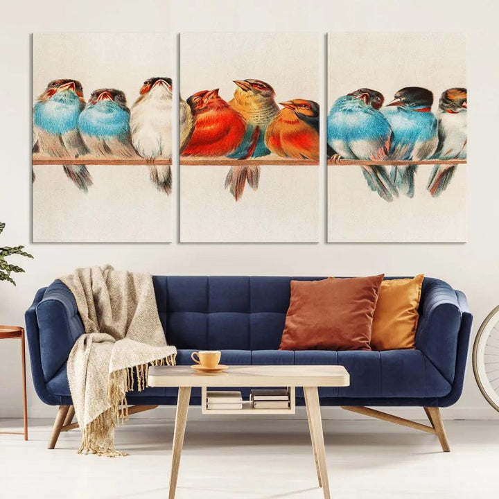 Pearch of Pretty Birds Painting Large Wall Art Canvas Print