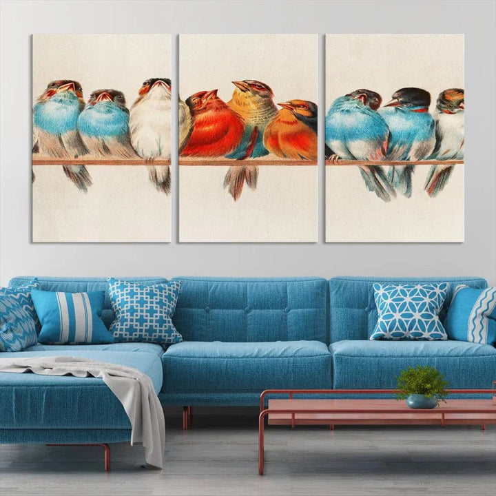 Pearch of Pretty Birds Painting Large Wall Art Canvas Print