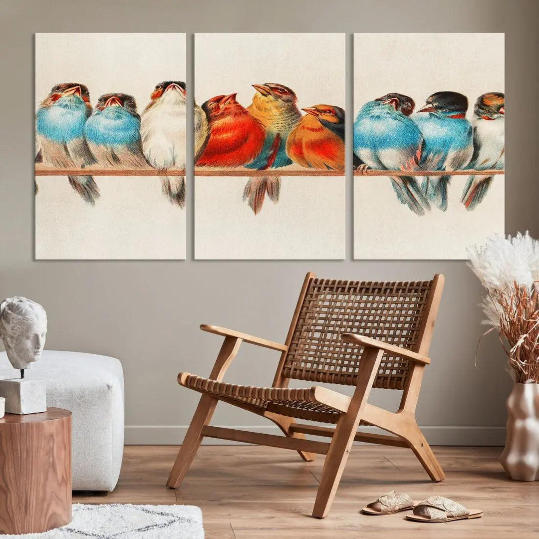 Pearch of Pretty Birds Painting Large Wall Art Canvas Print