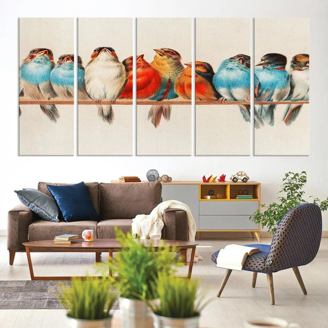 Pearch of Pretty Birds Painting Large Wall Art Canvas Print