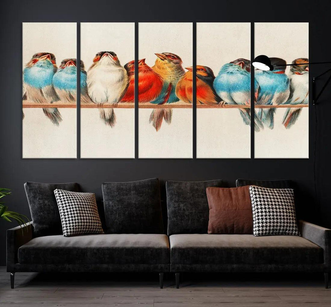 Pearch of Pretty Birds Painting Large Wall Art Canvas Print