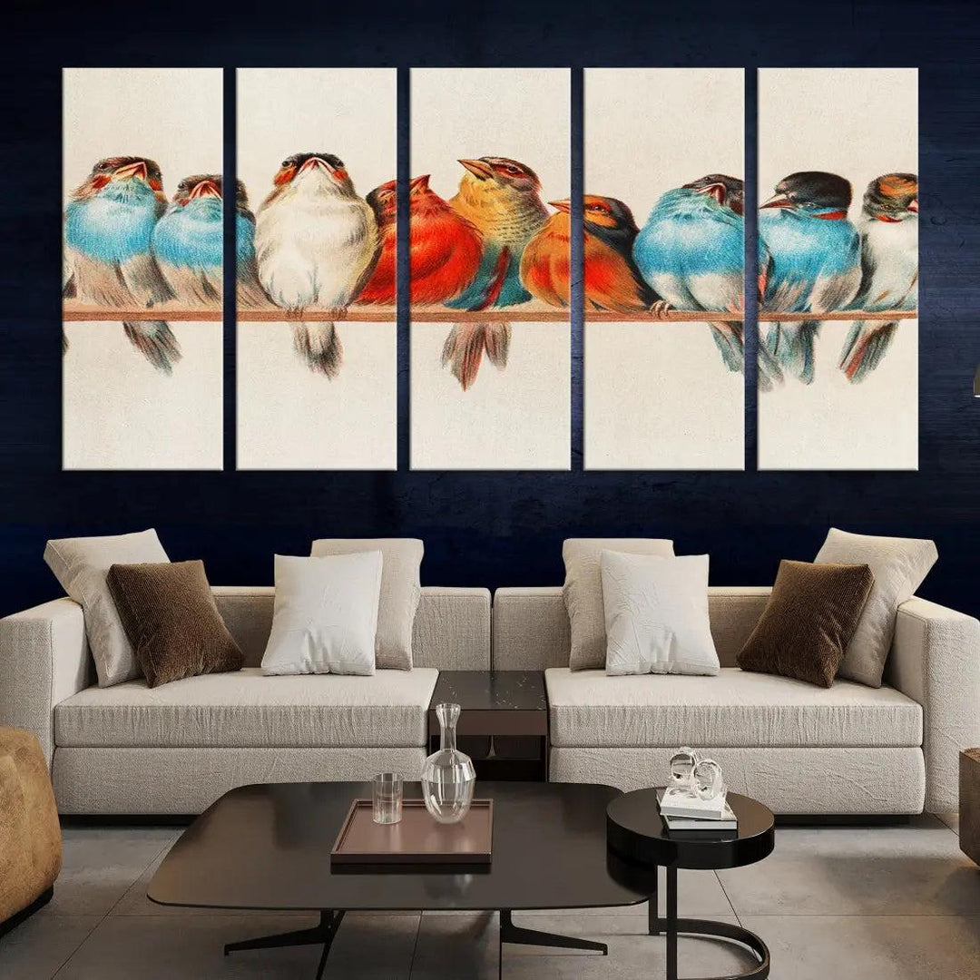 Pearch of Pretty Birds Painting Large Wall Art Canvas Print