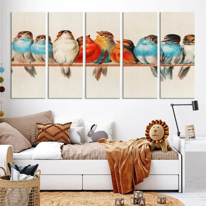 Pearch of Pretty Birds Painting Large Wall Art Canvas Print