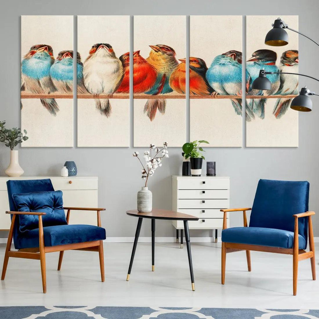 Pearch of Pretty Birds Painting Large Wall Art Canvas Print