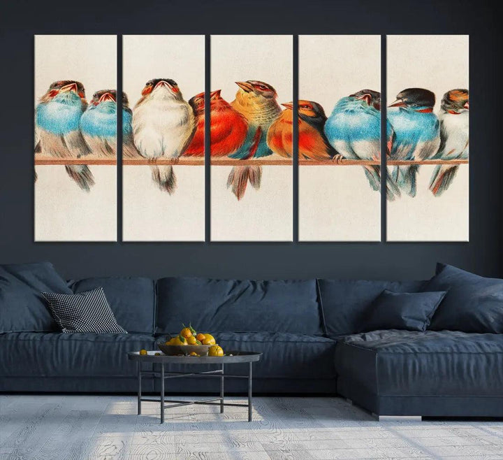 Pearch of Pretty Birds Painting Large Wall Art Canvas Print