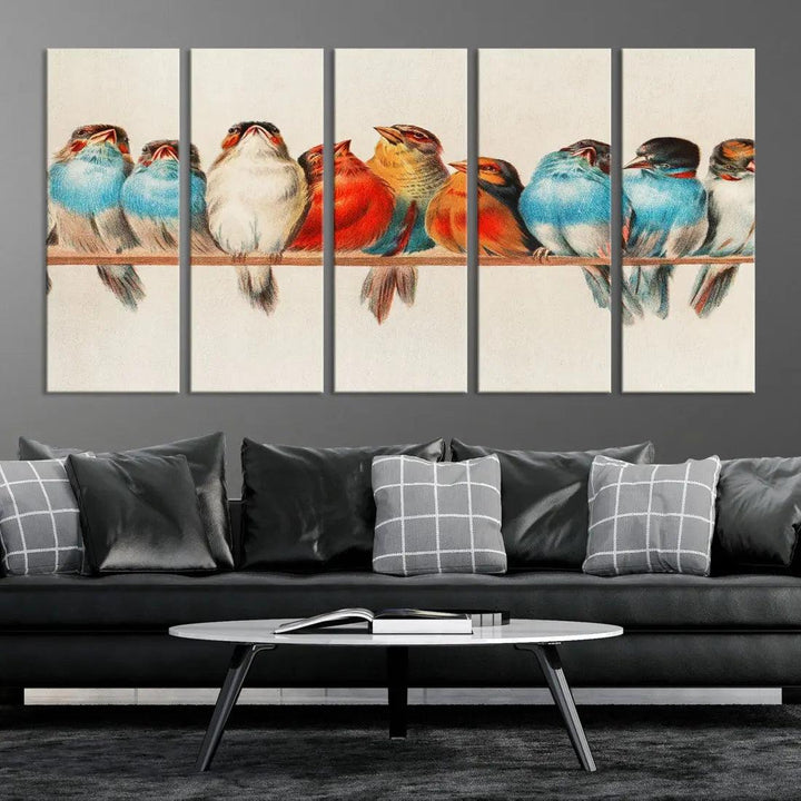 Pearch of Pretty Birds Painting Large Wall Art Canvas Print