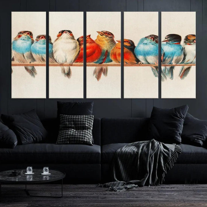 Pearch of Pretty Birds Painting Large Wall Art Canvas Print