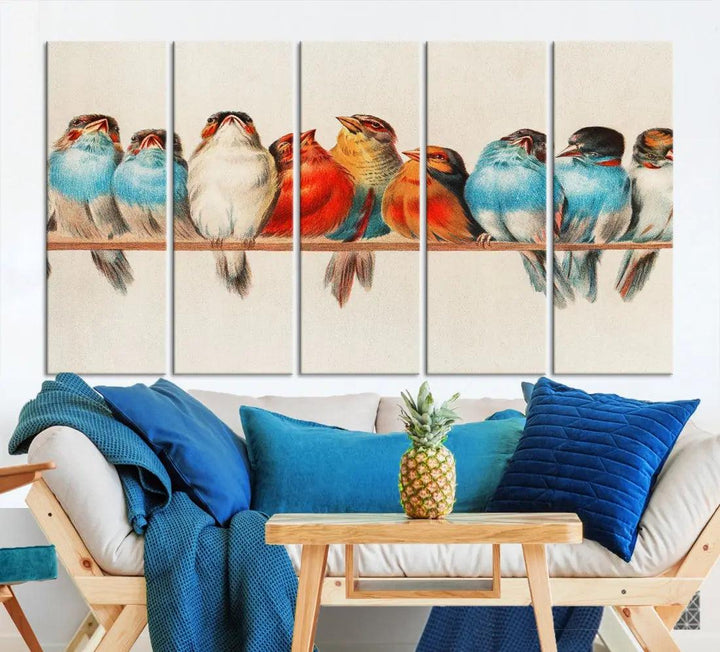 Pearch of Pretty Birds Painting Large Wall Art Canvas Print