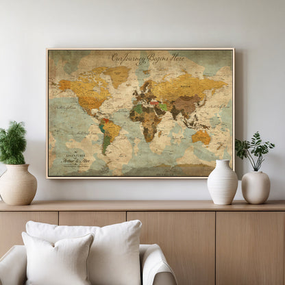 40572820-MGV-CV-36X24-Custom Push Pin World Map Wall Canvas Print – Personalized Travel Tracker with Pins – Framed Custom Quotie Canvas for Home Office Decor