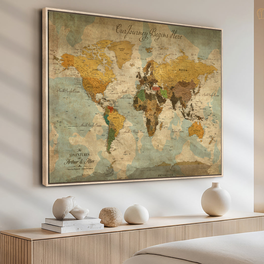40572820-MGV-CV-36X24-Custom Push Pin World Map Wall Canvas Print – Personalized Travel Tracker with Pins – Framed Custom Quotie Canvas for Home Office Decor
