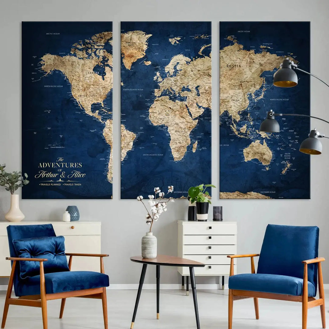 A Personalized Custom World Map Wall Art Canvas Print hangs on the wall.