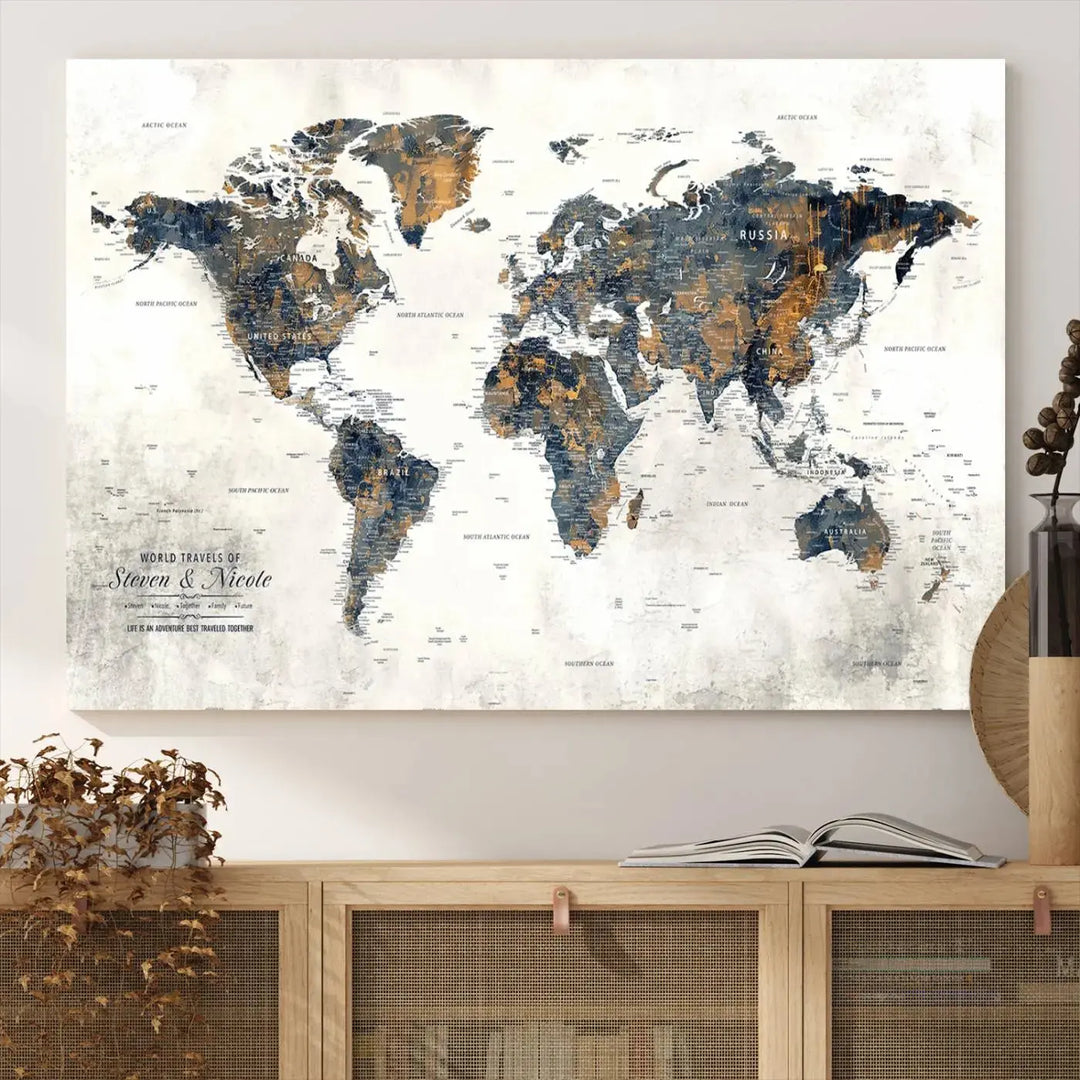 A smiling woman proudly holds the Personalized Push Pin Map Wall Art Print - Detailed Custom World Map Canvas Print in front of a white wall, perfect for travel enthusiasts eager to mark their adventures.