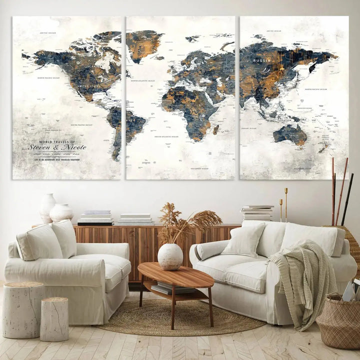 A smiling woman proudly holds the Personalized Push Pin Map Wall Art Print - Detailed Custom World Map Canvas Print in front of a white wall, perfect for travel enthusiasts eager to mark their adventures.