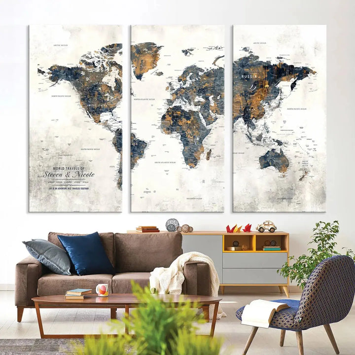 A smiling woman proudly holds the Personalized Push Pin Map Wall Art Print - Detailed Custom World Map Canvas Print in front of a white wall, perfect for travel enthusiasts eager to mark their adventures.